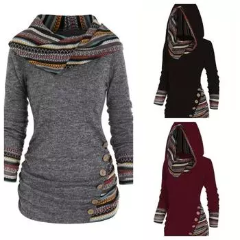 Женские толстовки с капюшоном, трикотажный топ с геометрическими полосками и длинными рукавами, с имитацией пуговиц S