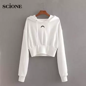 Женские толстовки с капюшоном, уличная одежда для девочек, готическая одежда, укороченная толстовка с капюшоном и вышивкой Луны, короткий топ S белый