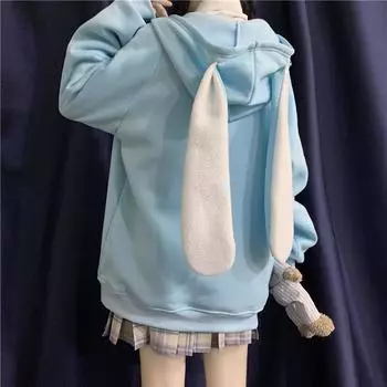 Женские толстовки с капюшоном в японском стиле, синий, розовый топ, свитер с заячьими ушками, женская осенне-зимняя одежда, свободная бархатная толстая куртка на молнии S небесно-голубой