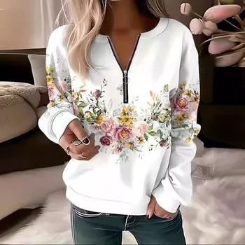 Женские толстовки с капюшоном Женская мода Цветочные толстовки с капюшоном Цветочная живопись Толстовка Большие пальто XXXXXL белый