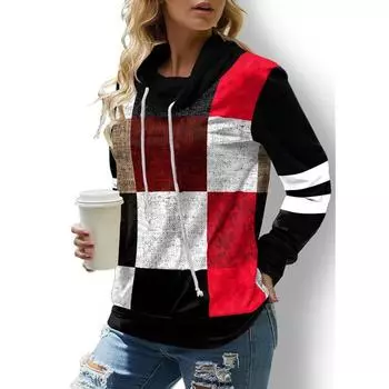Женские толстовки с клетчатым принтом и цветочным принтом, длинный рукав, пуловер с высокой горловиной и шнурком S