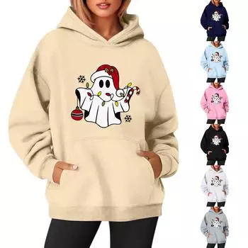 Женские толстовки с круглым вырезом, длинным рукавом, рождественским принтом, однотонная толстовка с капюшоном XXL хаки
