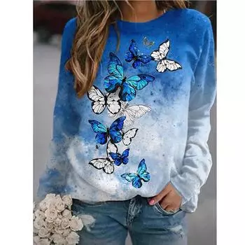 Женские толстовки с принтом бабочек 2021 Осень Зима Длинные рукава Толстовки Пуловеры S белый