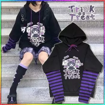 Женские толстовки с принтом Kawaii, черный спортивный костюм с капюшоном и длинными рукавами, негабаритная готическая толстовка XXL чёрный