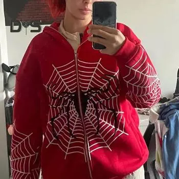 Женские толстовки с принтом паутины, куртки в стиле панк, уличная одежда, винтажное пальто на молнии с капюшоном в готическом стиле, осенне-зимняя одежда L чёрный