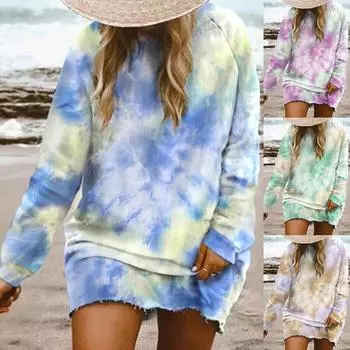Женские толстовки с принтом тай-дай, свободное повседневное платье большого размера с круглым вырезом и длинными рукавами XXXXL синий