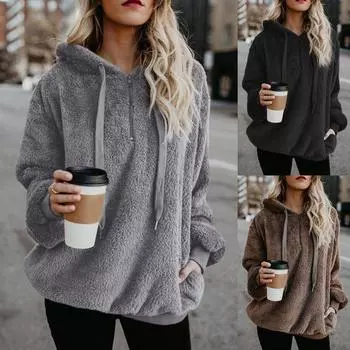 Женские толстовки с пушистым искусственным мехом, теплые свободные толстовки, модные модные женские пуловеры с карманами на молнии S чёрный