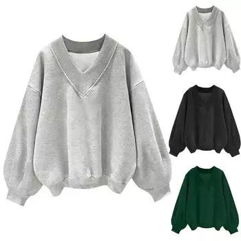 Женские толстовки с V-образным вырезом, длинным рукавом, свободные однотонные футболки, повседневные свободные спортивные свитера для тренировок S чёрный