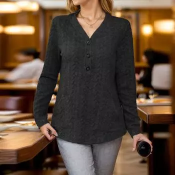 Женские толстовки с V-образным вырезом, повседневные свитера с длинным рукавом и пуговицами, однотонные толстовки L чёрный