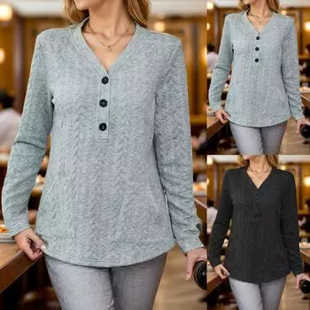 Женские толстовки с V-образным вырезом, повседневные свитера с длинным рукавом и пуговицами, однотонные толстовки L чёрный