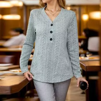 Женские толстовки с V-образным вырезом, повседневные свитера с длинным рукавом и пуговицами, однотонные толстовки M