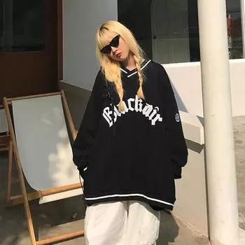 Женские толстовки с v-образным вырезом, пуловеры, топы, свободные топы с длинными рукавами и надписью, женский хит, y2k Ins, повседневная универсальная одежда M чёрный
