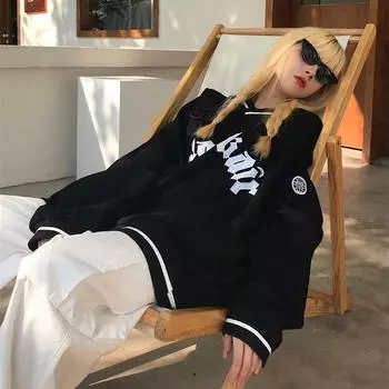 Женские толстовки с v-образным вырезом, пуловеры, свободные топы с длинными рукавами и надписью Y2k, повседневная универсальная верхняя одежда XL чёрный