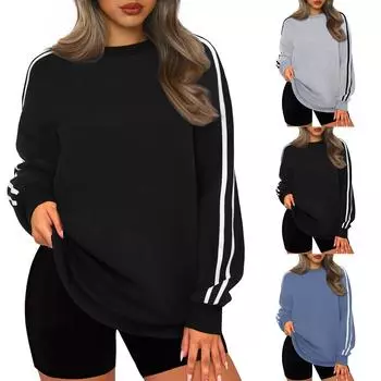 Женские толстовки, свободные свитера с длинным рукавом, полосатые рубашки, осенние наряды с круглым вырезом, одежда M чёрный