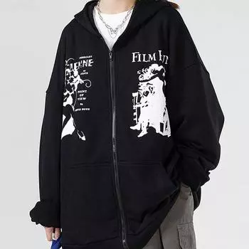Женские толстовки в стиле гранж с буквенным принтом, женские винтажные готические свитшоты в стиле Харадзюку, куртка на молнии большого размера, женская уличная одежда Y2k, кардиган M чёрный
