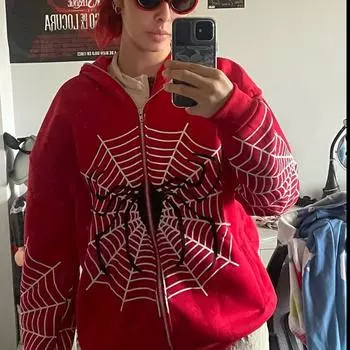 Женские толстовки в стиле хип-хоп, готическая куртка с принтом паутины, куртка на молнии с капюшоном, пальто в стиле гранж Y2k, уличная одежда больших размеров, мужские толстовки, топы 2XL чёрный