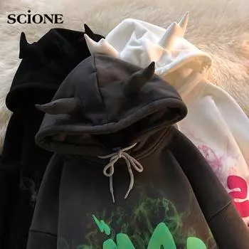 Женские толстовки Y2k с ушками ангела, толстовки в стиле гранж с героями мультфильмов, готическая одежда, толстовка оверсайз, пуловер в стиле Харадзюку, одежда, готическая одежда M темно-серого