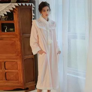 Женские толстые бархатные длинные ночные рубашки с отворотами, ночные рубашки для отдыха, удобная верхняя одежда, халат one size