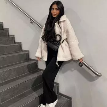 Женские толстые флисовые пальто с застежкой-молнией на лацкане осень-зима модные элегантные свободные куртки повседневная винтажная верхняя одежда из овечьей шерсти S грязно-белый