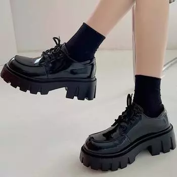 Женские толстые кроссовки на квадратном каблуке с высоким носком 2024 года, модная осенняя обувь на платформе, женская повседневная обувь со шнуровкой 35 чёрный