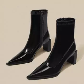 Женские толстые одинарные ботинки, осенние, новые, с острыми боковыми молниями, противоскользящие, износостойкие, удобные, короткие ботинки на высоком каблуке 35 матовый черный