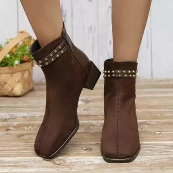 Женские толстые одинарные ботинки, зимние, новые, квадратные, замшевые, с застежкой-молнией сзади, противоскользящие, износостойкие, короткие ботинки 35