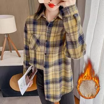 Женские толстые плюшевые теплые клетчатые рубашки, винтажная свободная блузка с карманами, осень-зима, женские повседневные корейские топы с длинными рукавами S чёрный