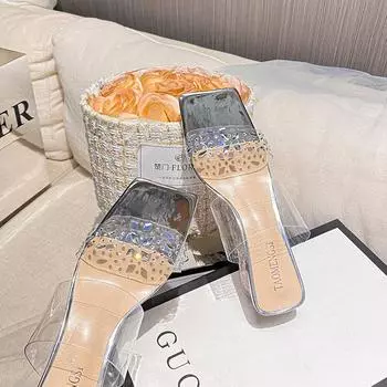 Женские толстые тапочки с квадратными стразами и прозрачными кристаллами для ношения модных сандалий. 34 миндальный