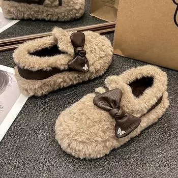 Женские толстые туфли на плоской подошве, зимние, новые, с круглым носком, с глубоким горлом, из замши с бабочкой, противоскользящие, износостойкие, из хлопка 35 чёрный