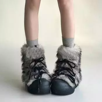 Женские толстые зимние ботинки, новые зимние ботинки с круглым носком, плюшевые передние ремни, мягкая подошва, нескользящая, износостойкая хлопковая обувь 35 чёрный