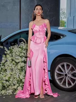 Женские тонкие атласные платья с высоким разрезом и рюшами на бретельках длиной до пола, платья для выпускного вечера