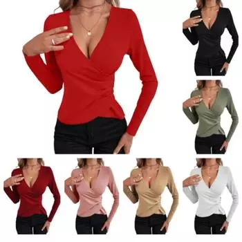 Женские тонкие базовые футболки с v-образным вырезом и длинными рукавами, женские топы S вино красного