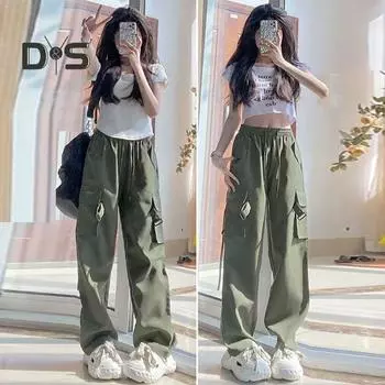 Женские тонкие брюки-карго с эластичным шнурком и высокой талией, повседневные брюки, однотонные широкие брюки, спортивные брюки с несколькими карманами M розовый