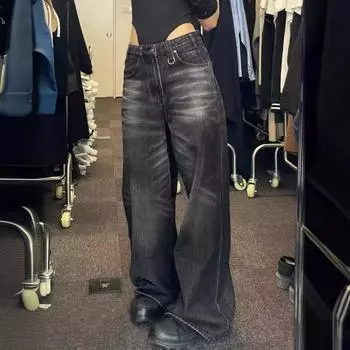 Женские тонкие черные джинсы в стиле ретро с широкими штанинами в стиле хип-хоп на весну и осень 3XL чёрный