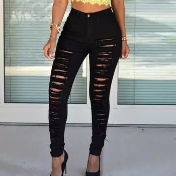 Женские тонкие джинсы больших размеров с рваными отверстиями, однотонные длинные джинсы, обычные джинсовые брюки M