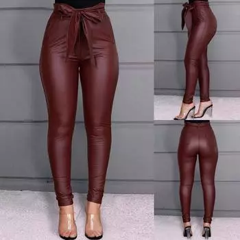Женские тонкие кожаные брюки большого размера с высокой талией, повседневные эластичные брюки, кружевные L винный