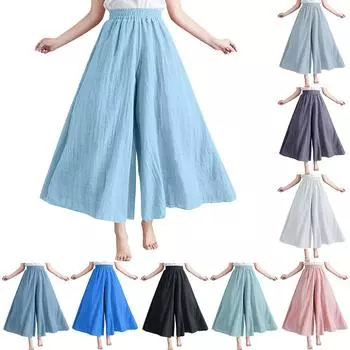 Женские тонкие льняные свободные брюки-кюлоты с эластичной талией 85