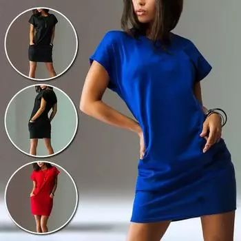 Женские тонкие летние мини-платья с круглым вырезом с коротким рукавом, вечерние платья, модные однотонные платья 2XL чёрный