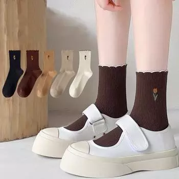 Женские тонкие носки средней длины, весенние и осенние, дышащие, однотонные, кружевные носки, повседневные, спортивные носки one size чёрный