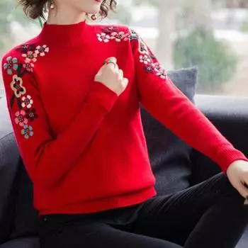 Женские тонкие полуводолазки с вышивкой, трикотажные пуловеры, женские модные эластичные свитера на осень и зиму, повседневные трикотажные топы большого размера S красный