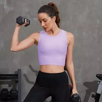 Женские тонкие с накладками на грудь однотонные ребристые противоударные короткие спортивные майки для фитнеса и йоги S чёрный