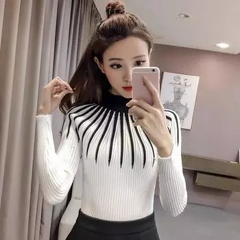 Женские тонкие свитера, осенняя водолазка с длинными рукавами, вязаная верхняя одежда, пуловеры в полоску M синий