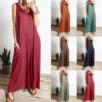 Женские тонкие свободные комбинезоны Цельные комбинезоны без рукавов с v-образным вырезом и карманами Летние однотонные дышащие комбинезоны для пляжного отдыха с широкими штанинами и длинными брюками S чёрный