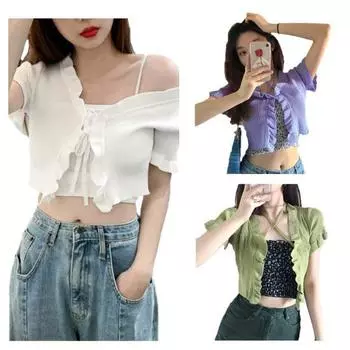 Женские тонкие топы с короткими рукавами и оборками, вязаный кардиган, уличная одежда фиолетовый