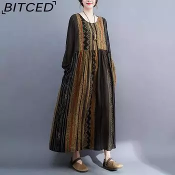 Женские тонкие возрастные платья большого размера в стиле ретро с длинными рукавами в полоску M жёлтый/зелёный