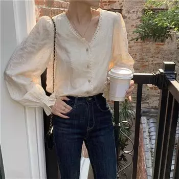 Женские топы 2022, весенние новые универсальные рубашки с длинными рукавами во французском стиле, кружевные рубашки с v-образным вырезом, Mujer De Moda Verano S абрикосовый
