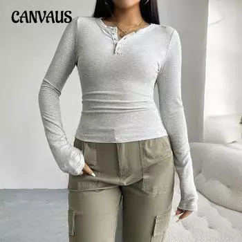 Женские топы 2024 года осень-зима Y2K Temperament Slim с V-образным вырезом и длинными рукавами на пуговицах S светло-серый