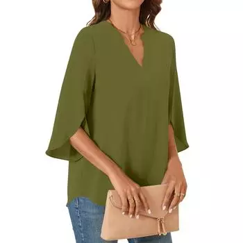 Женские топы 3/4 ярусные рукава-колокольчики V-образный вырез блузки рабочие туники рубашки L армия зеленый