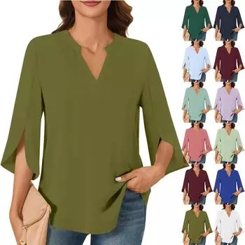 Женские топы 3/4 ярусные рукава-колокольчики V-образный вырез блузки рабочие туники рубашки L армия зеленый