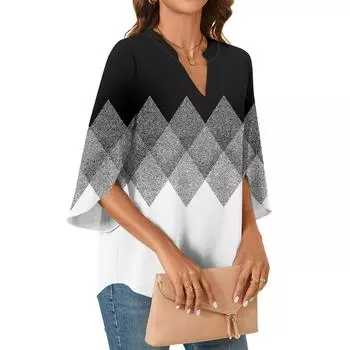 Женские топы 3/4 с рукавами-колокольчиками и V-образным вырезом, блузки с цветочным принтом, рабочие туники, рубашки M чёрный